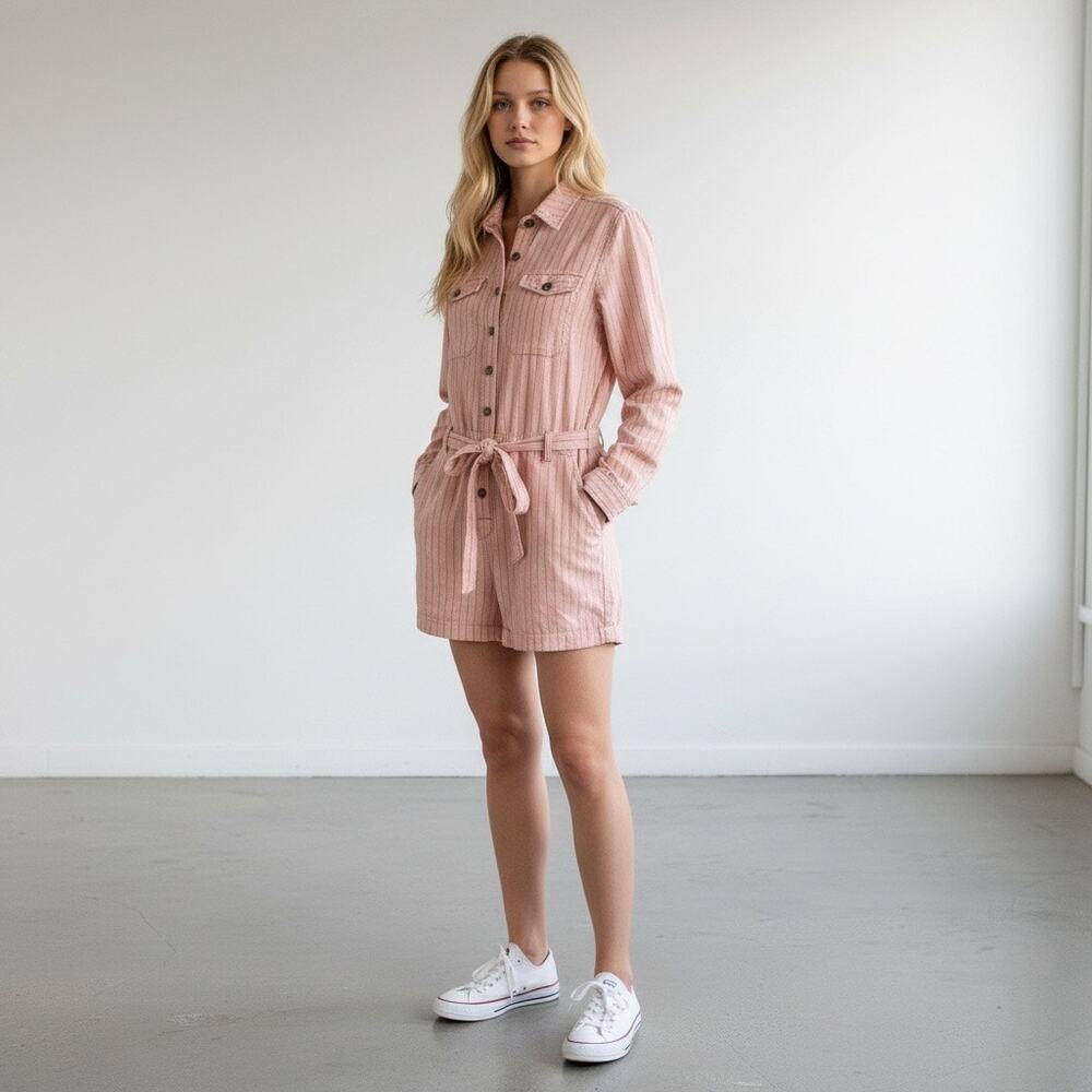 Free People Women's Pink Striped Long Sleeve Button Up Romper Size XS